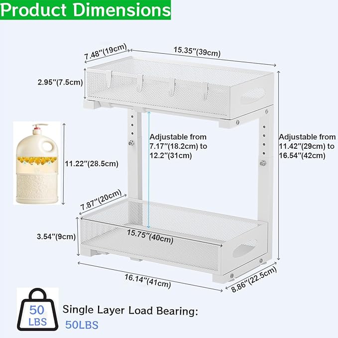 2 Pack Under Sink Organizer and Storage, 2 Tier Pull Out Sliding Cabinet Shelf, 5-Level Height Adjustable Thickened Carbon Steel Storage Rack for Kitchen Bathroom Cabinet,White