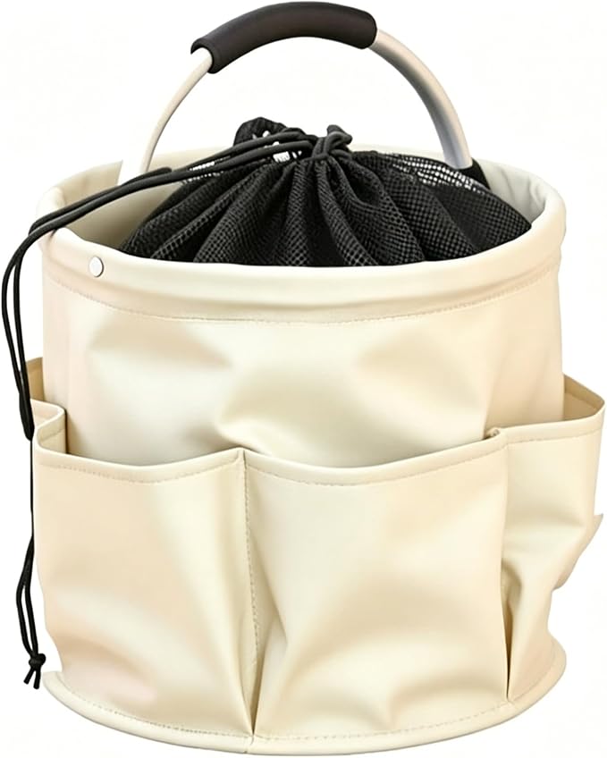 Garden Tool Bucket Organizer, Bucket Tool Organizer,5 Gallon with Aluminum Handle, Multi Side Pockets Portable Storage Caddy for Gardening Camping Car Wash (Off White, Drawstring Closure)