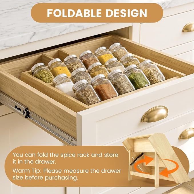 Wooden Spice Rack, Foldable 3 Tier Spice Rack Organizer for Cabinet - Seasoning Rack Use for Kitchen, Countertops, Cabinet Drawer or Pantry (Rack Only)