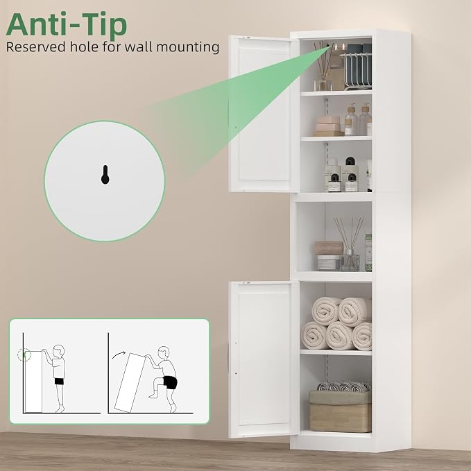 Tall Bathroom Cabinet, Slim Cabinet with 3 Adjustable Shelves, 2 Doors Narrow Storage for Bathroom, 67" H Floor Cabinet for Entryway, Kitchen, White