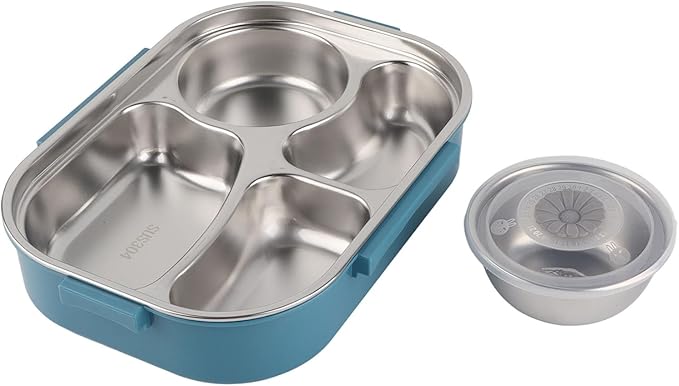 POCREATION Stainless Steel Lunch, Stainless Sel Luh 4 Compartment Leakproof Container, Stainless Sel With Spoons & Chopsticks, Portable 51 With Soup Bowl – Blue