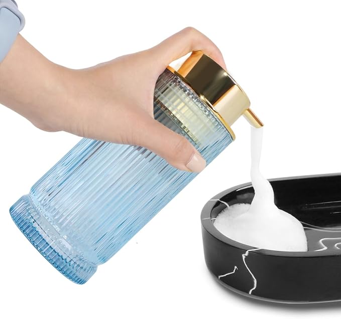 Foaming Soap Dispenser, Glass Foam Hand Soap Dispenser with Pump, 14 Oz Bathroom Refillable Liquid Lotion Pump Ribbed Bottle Container for Kitchen Countertop Decor (1, Blue Gold)