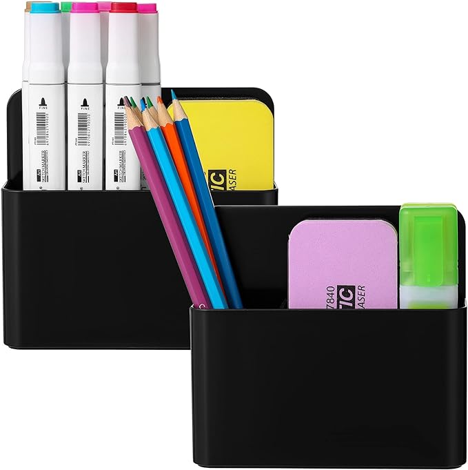 Mabrasse 2p Magnetic Dry Erase Marker Holder,Pen and Eraser Holder for Whiteboard, Magnet Pencil Cup Utility Storage Organizer for Office, Refrigerator, Locker and Metal Cabinets (Black)