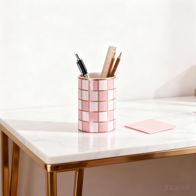 Ceramic Checkered Pen Holder For Desk,Cute Stand Black And White Pencil Cup,Durable Ceramic Pencil Cup, Decorative Makeup Brush Holder Cup, Stationery Holder for Office, School, Home (Pink)