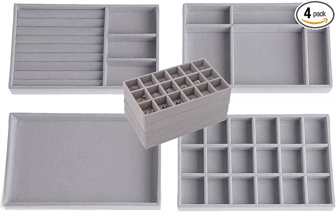 Stackable Jewelry Organizer Trays for Drawer, Set of 4 Velvet Jewelry Drawer Inserts in Dresser, 8in Storage Display Case for Rings Stud Necklaces Accessories(Grey)