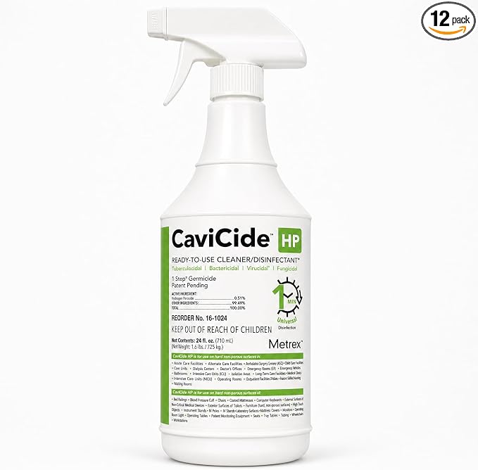 Metrex CaviCide HP Hydrogen Peroxide Disinfectant Spray – Kills Norovirus, MRSA, TB & Flu in 1 Minute – EPA-Registered Hospital-Grade for Medical, Dental & Salon – 24 fl oz, 12- Pack (Case)