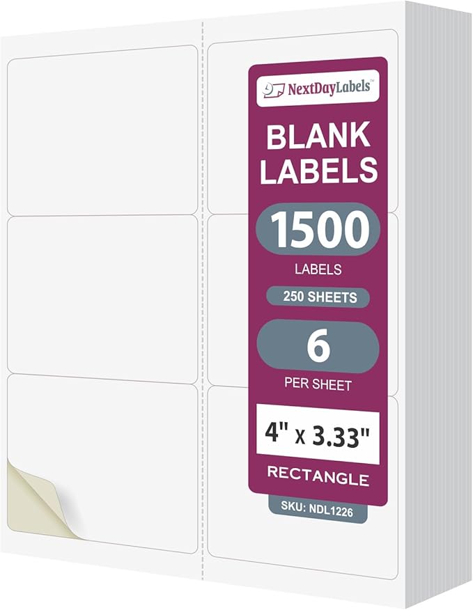 NextDayLabels 4x3.33 Inch Rectangle Stickers White Blank Labels for Laser Inkjet Printer - 6 Per Sheet Self-Adhesive Shipping Address Mailing Made in USA - 1500 Labels