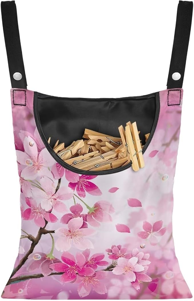 Cherry Blossom Clothespin Bag Space-Saving Laundry Hanging Storage Organizer Clothes Pin Hanging Bag with Rope Holds 100 Clothes Pins for Clothesline Outdoor Clothespin Accessory Bag