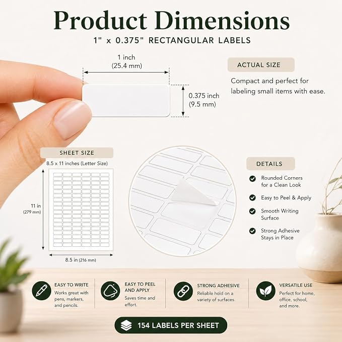 Small Sticky Labels White Rectangular Labels 1" x 0.375 + Bonus Color Labels - White Coding Labels for Printer Produce Excellent Results with Laser Printer-Template Included! 1660 Pack