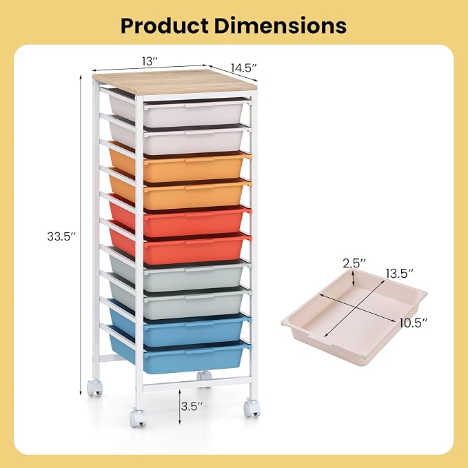 LDAILY Rolling Cart with Drawers, 10 Drawer Rolling Storage Cart with Wooden Tabletop, Metal Frame & Lockable Wheels, Craft Organizers and Storage for Home Office Classroom (Macaron, 10-Drawer Small)