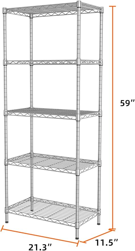 SINGAYE 5 Metal Shelves Wire Shelving Storage Shelf Adjustable Unit Pantry | 5 Tier Kitchen Laundry Room Organization Home Pantry Closet Bathroom Organizers Garage Rack 12" D x 22" W x 59" H Gray