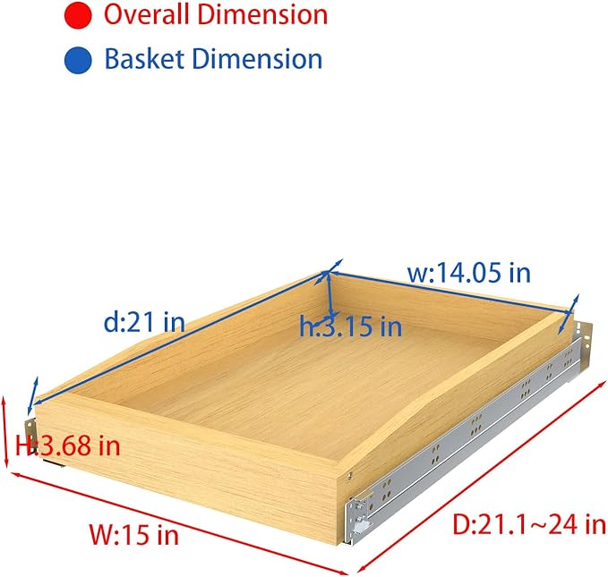 Wooden Pull out Cabinet Organizer 15" W x 21" D x 4.3" H, Only for 15" Cabinet Openg Heavy Duty Kitchen Slide Out Drawers