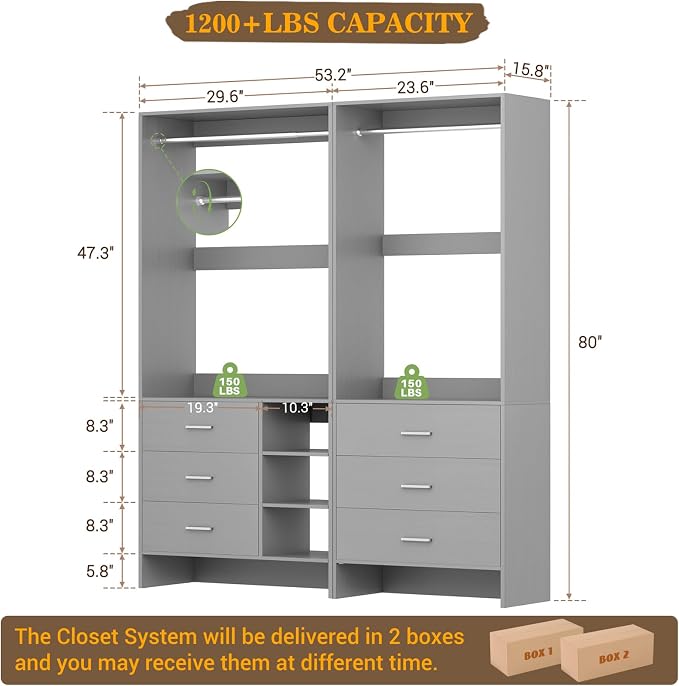 Aheaplus Closet System with 6 Drawers, 4.5ft Wood Closet Organizer System, Walk-in Closet or Small Closets Wardrobe, Clothes Rack with Hanging Rods, Set of 2 Grey