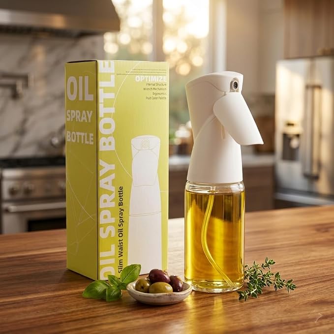 Oil Sprayer for Cooking, Upgraded 7.4oz Olive Oil Sprayer Mister, Large Olive Oil Spray Bottle for Air Fryer, Salads, BBQ & Kitchen, Professional Oil Sprayer with Even Mist（White）