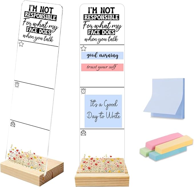 Sticky Note Holder, Monitor Memo Board, Acrylic Post It Note Holder with Wooden Base, Includes 200 Notes, Desk Organizer Sassy Face Quote