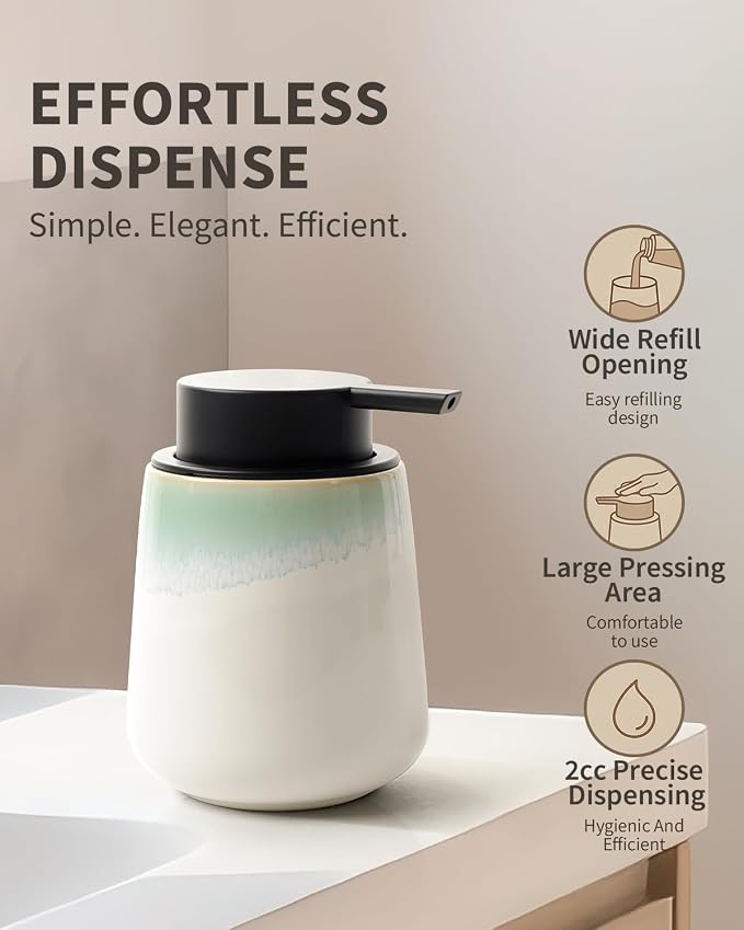 Bosilunlife 12Oz Ceramic Foam Soap Dispenser for Bathroom Kitchen Counter | Premium countertop foam pump creates delicate dense foam, stable desktop placement, Blue-Green Rim