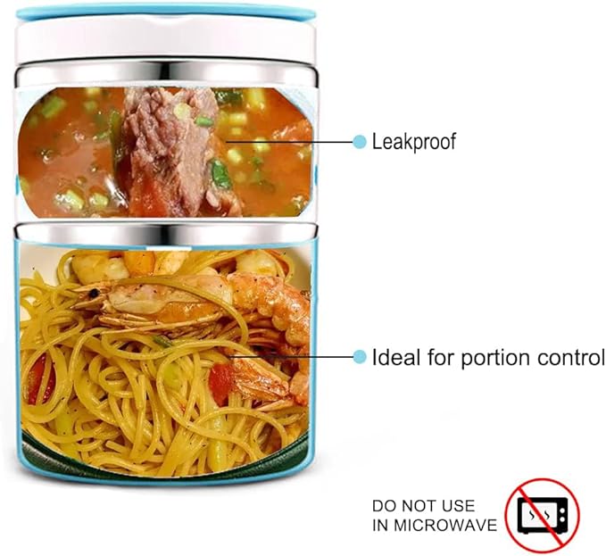 Lille Home 2 Tier Vacuum Insulated Stainless Steel Thermal Lunch Box,32OZ | 2 Tier Bento Food Container with Lunch Bag, Leakproof Wide Mouth Bento Box for Cold/Warm Food, Portion Control, Blue