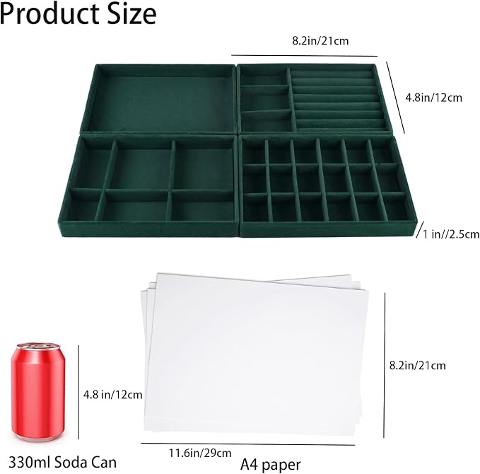 Stackable Jewelry Organizer Trays for Drawer, Set of 4 Velvet Jewelry Drawer Inserts in Dresser, 8in Storage Display Case for Rings Stud Necklaces Accessories(Green)