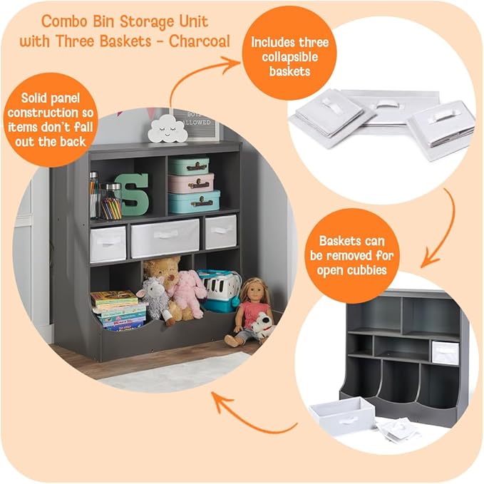 Badger Basket Combo Toy Storage Organizer and Bookshelf - Kids Storage Unit with 3 Removable Baskets, Open Shelves, Top Display Surface - Charcoal
