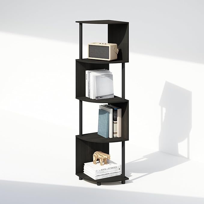Furinno Basic Book Shelf, 4-Tier Bookshelf, Bookcase with Zigzag Corner Shelf, 14.2 x 14.2 x 57.7, for Living Room, Bedroom, Home Office, Espresso/Black