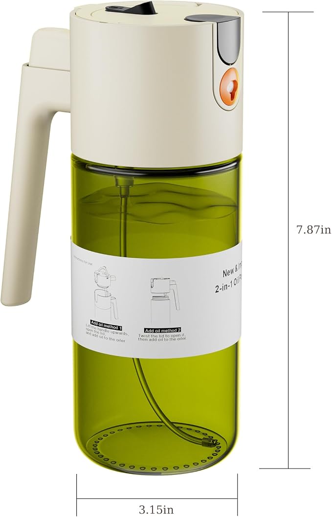 LAKUMIQI 2 in 1 Oil Sprayer & Dispenser, 17 oz Light-Blocking Glass Bottle | Large Capacity, Wide-Mouth for Easy Pouring and Cleaning, Leak-Proof Oil Bottle with Stickers for Salads, Air Fryers, BBQ
