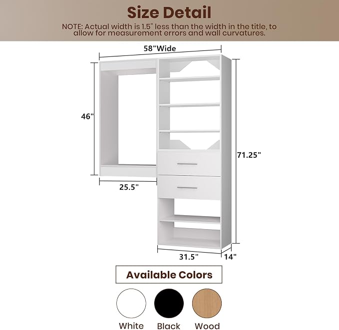ROOMTEC Modular Closet System, 58" Wall Mounted Closet Organizer with Hanging Rods and Drawers, Wooden Tower for Walk-In Closets, Wardrobe Storage Kit, White