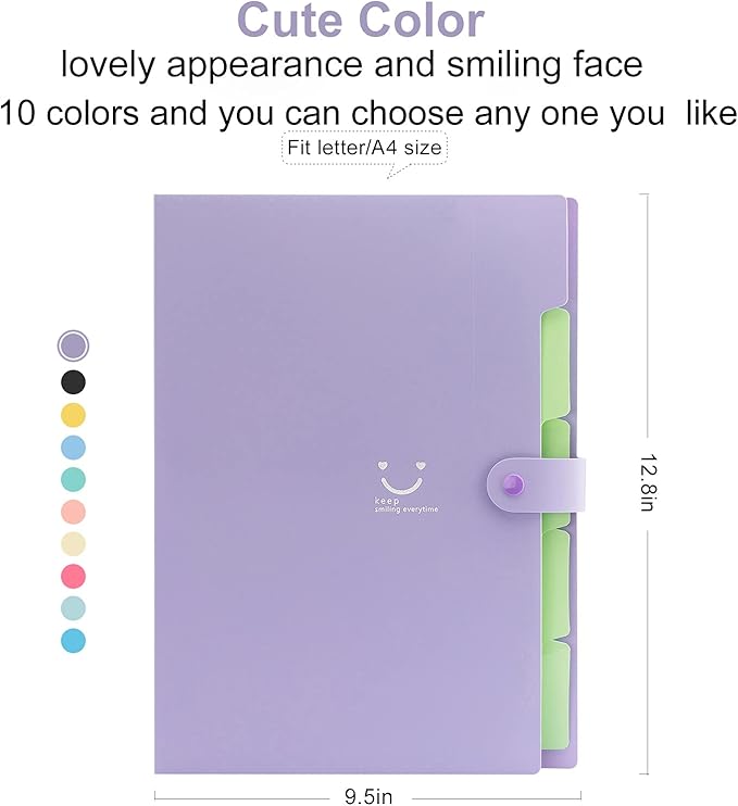 Forvencer Accordion File Organizer, Letter Size, 5 Pocket Expanding File Folder, Cute File Folder with Labels, Portable File Organizer for School Office Supplies, Folders for Documents, Purple