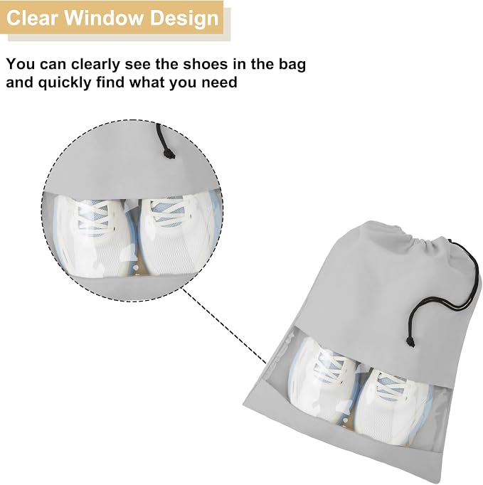 4 Pcs Shoe Bags for Travel with Clear TPU Window, 13.8"x17.7" Dustproof Travel Shoe Bags, Drawstring Travel Shoe Storage Bags for Men & Women (Grey)
