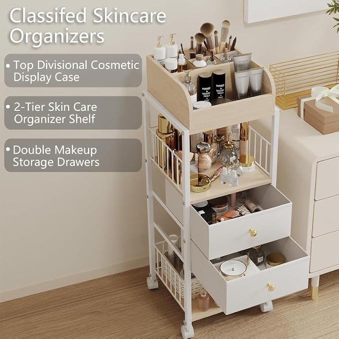 Floor Makeup Organizer Storage Cart Rolling Makeup Cart with Drawers | Make Up Organizers and Storage for Skincare Cosmetics Display Cases Holder for Skin Care Nail Polish Perfume Makeup Brush