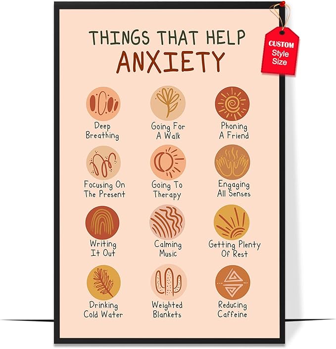 LOLUIS Mental Health Poster, Boho Therapy Tools Educational Supplies Art Print Classroom School Office Decor (Help Anxiety, Custom Frame Type)