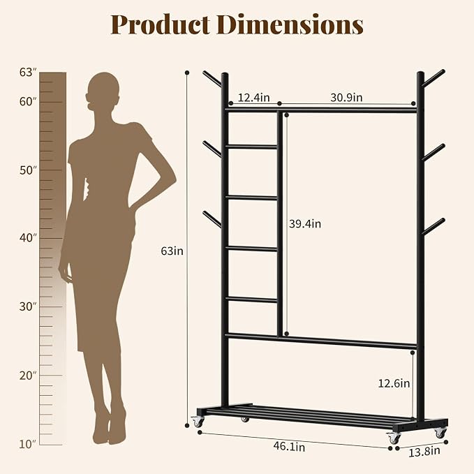 Yoobure Solid Wood Clothing Rack - Rolling Clothes Rack with Wheels, 4-in-1 Coat Rack with Pants Rack & Shelf, Freestanding Clothing Racks for Hanging Clothes, Garment Rack for Closet Bedroom Entryway