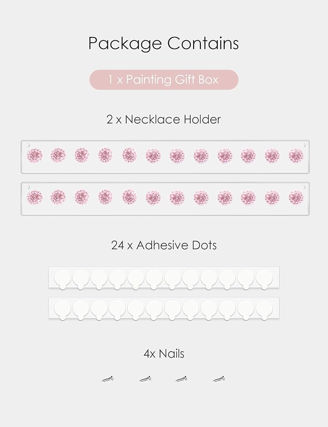 Heesch Necklace Holder, Wall Necklace Hanger, Acrylic Jewelry Organizer | Wall Mount Jewelry Hooks for Necklaces, Bracelets & Chains, Hanging Organizer and Storage, 2-Pack Pink