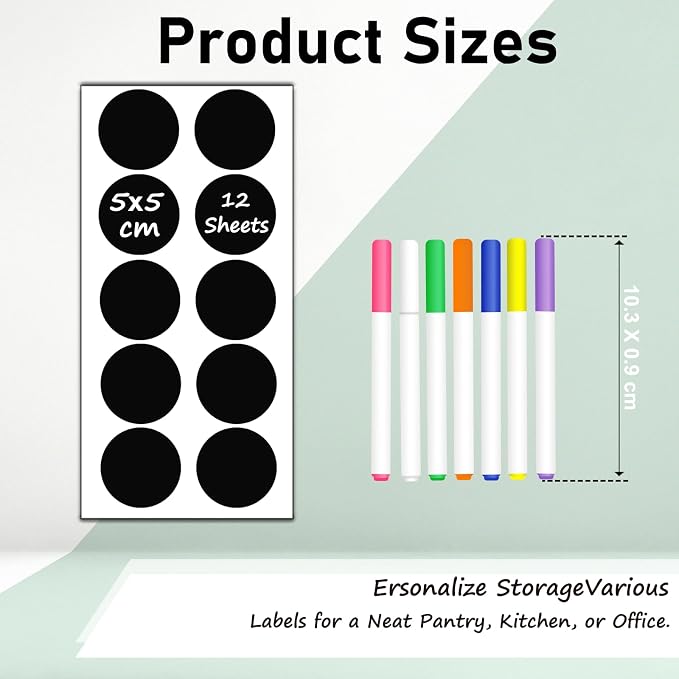 HERDIN Round Chalkboard Label Stickers, 120-Pc Set with 7 Markers | 120 Labels, 7 Markers, Round Shape, 5 x 5 cm, Waterproof Writing Surface, Pantry Jars, Food Containers, Storage Bins