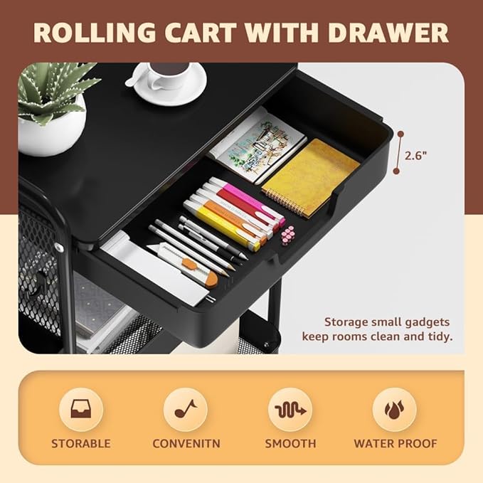 3 Tier Rolling Cart with Drawer, Metal Rolling Utility Cart on Wheels with Pegboard, Art Cart Storage Organizer with Tabletop for Living Room, Office, Bedroom (Black)