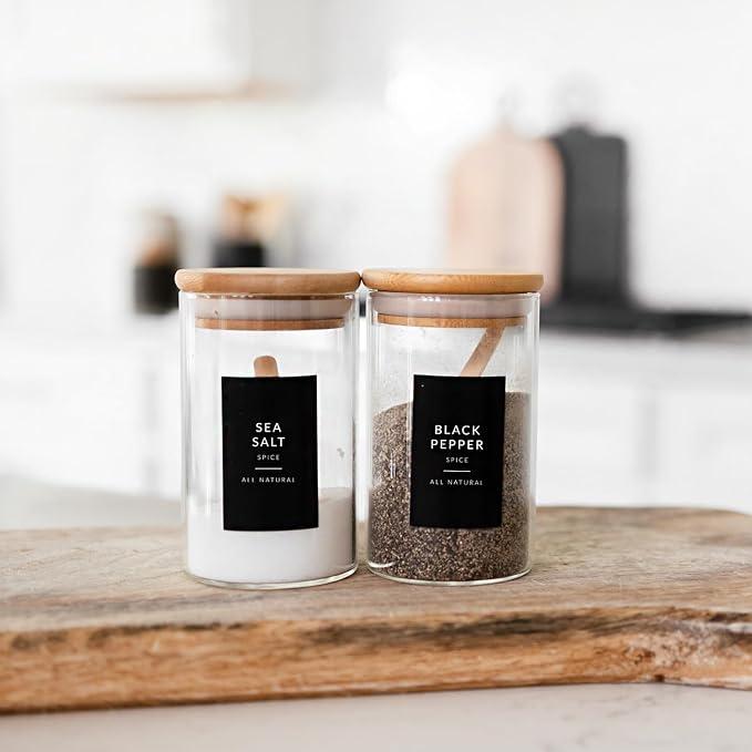 Black Spice Labels for Glass Jars, 148 Spice Jar Labels Stickers Preprinted Waterproof, Rectangle Herb Seasoning Stickers Containers Kitchen Pantry Organization