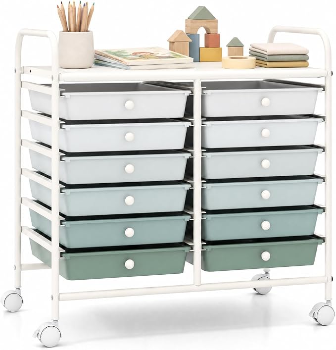 GOFLAME 12-Drawer Rolling Storage Cart, Art Craft Organizer Cart, Mobile Utility Storage Cart with Removable Drawers & Lockable Wheels, Craft Cart for Home Office School, Green Gradient