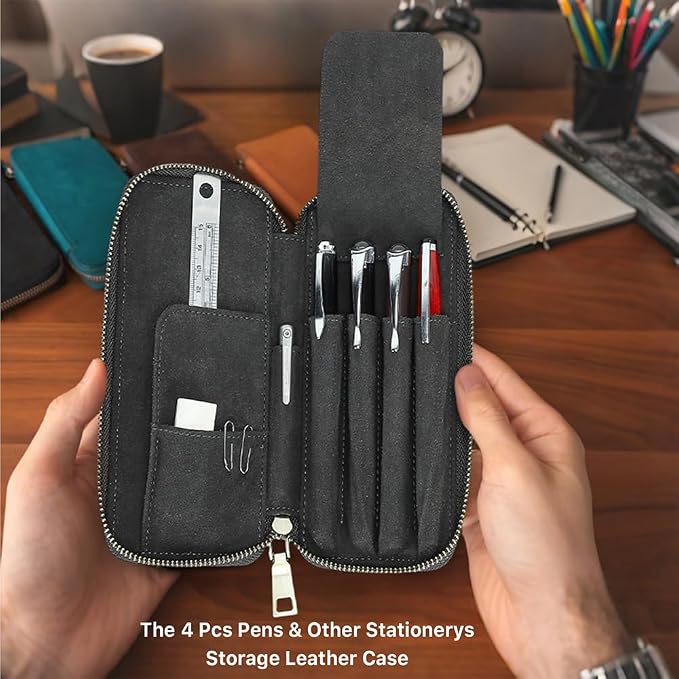 CONTACTS Full Grain Leather Pencil Case Handmade Vintage Zipper Pen Holder Pouch with Card Slot Pens Organizer Pockets Stationery Bag for Men and Women (Grey)