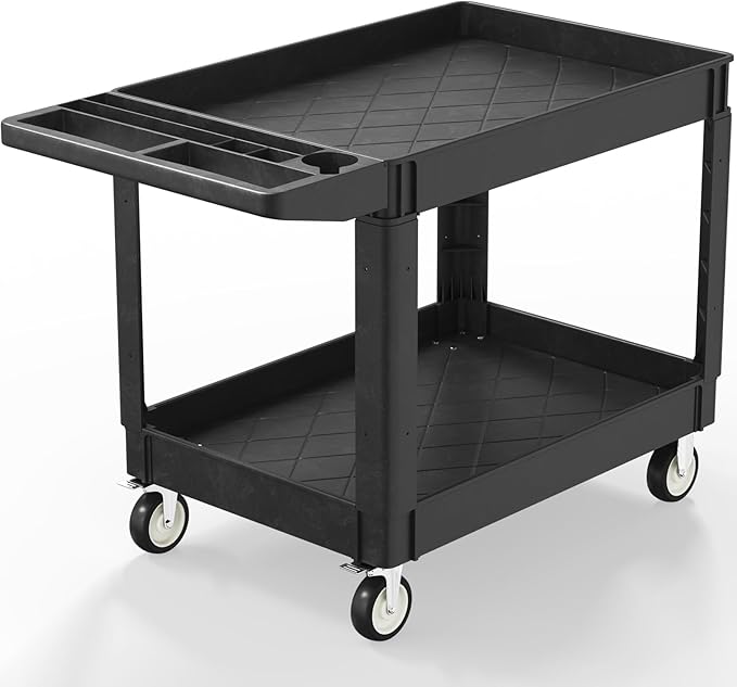 Plastic Utility Cart on Wheels, 45 x 25 Inch Rolling Service Cart-Black | 2 Shelf Work Carts, 500 lbs Capacity Heavy Duty Tool Cart W/Tub Storage & Deep Shelve, for Warehouse, Garage, Cleaning