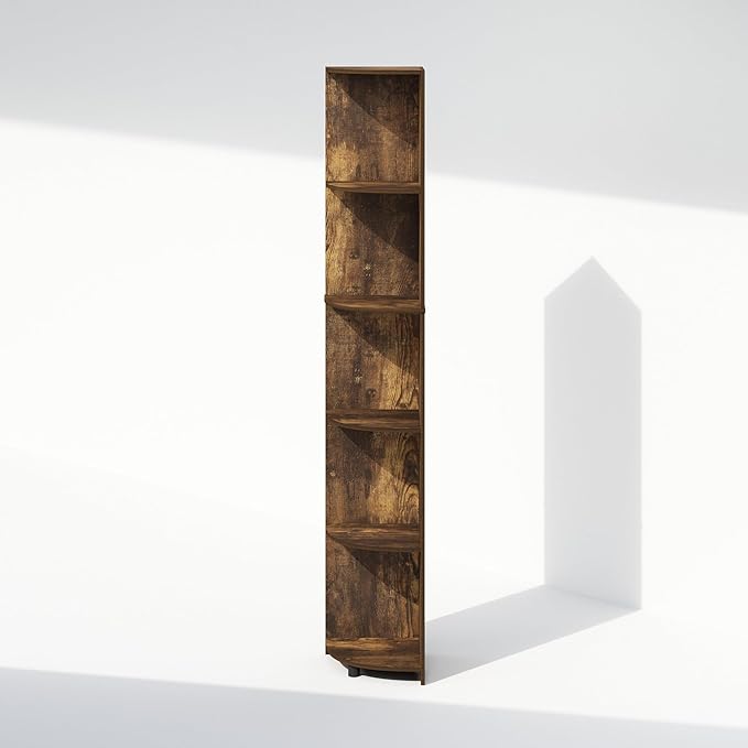 Furinno Basic Book Shelf, 5-Tier Bookshelf, Bookcase with Multipurpose Corner Shelf, 12 x 12 x 70.8, for Living Room, Bedroom, Home Office, Amber Pine