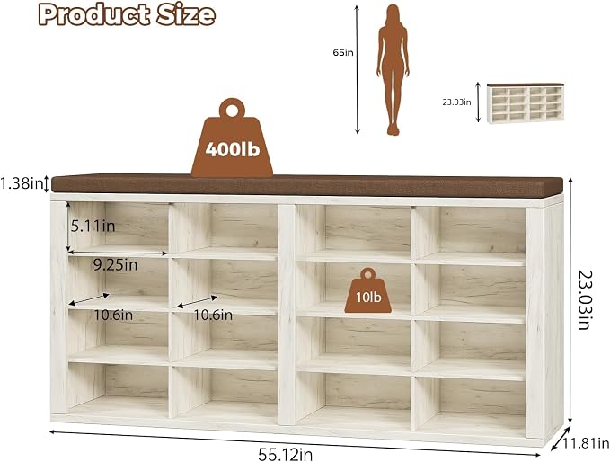 Shoe Storage Bench with Cushion Shoe Rack for Entryway 16 Cubby Multifunctional Organizer Bench Entryway with Soft Sponge Cushion for Hallway Living Room Bedroom (White & Brown)