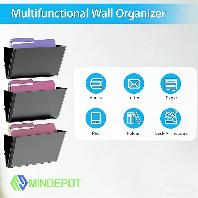 MINDEPOT 3 Pockets Acrylic Wall File Organizer, Clear Wall File Holder, Plastic Hanging Wall File Holder for Office, School and Home, Black
