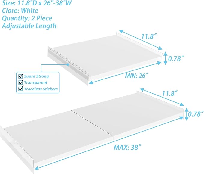 Expandable Closet Tension Shelves Organizers, Adjustable Shelf for Cabinet Rack Storage Wardrobe Divider Shelving for Pantry,2 Pack (White,11.8" D x 26"-38" W,2PCS)