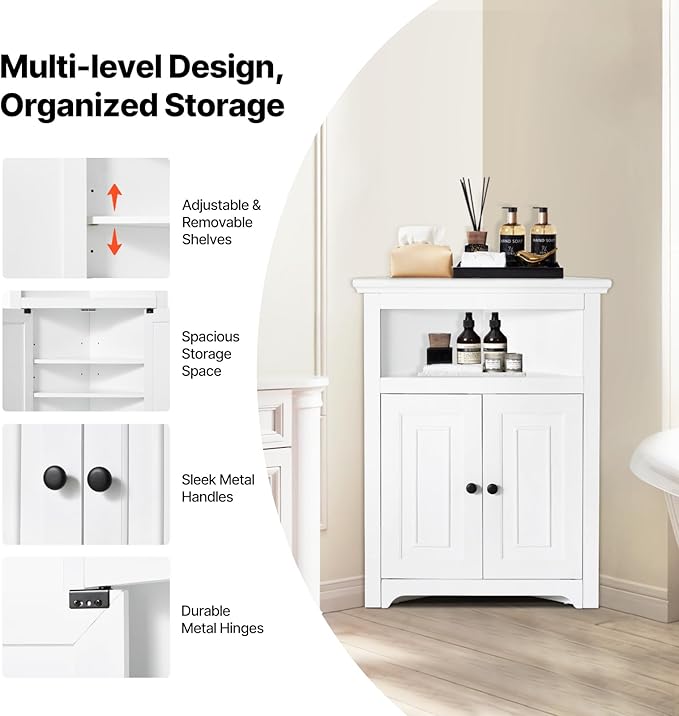 VEVOR 32" Corner Storage Cabinet, 3 Tiers Small Storage Cabinet with 2 Wooden Doors & Adjustable Shelves, Freestanding Corner Kitchen Cabinet for Living Room, Kitchen, Laundry Room, Bathroom, White