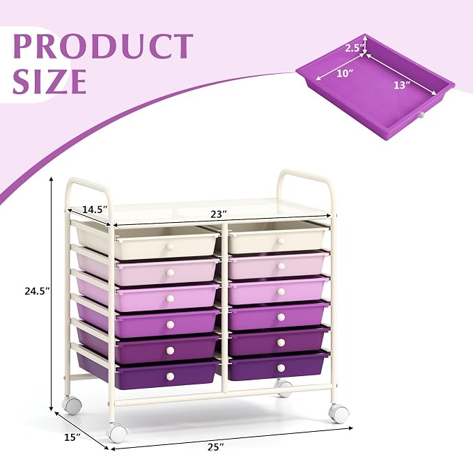 LDAILY 12 Drawer Rolling Storage Cart, Craft Cart Organizer on Wheels w/Metal Frame, Large Capacity & Smooth Drawer, Rolling Cart w/Drawers for Classroom, Office