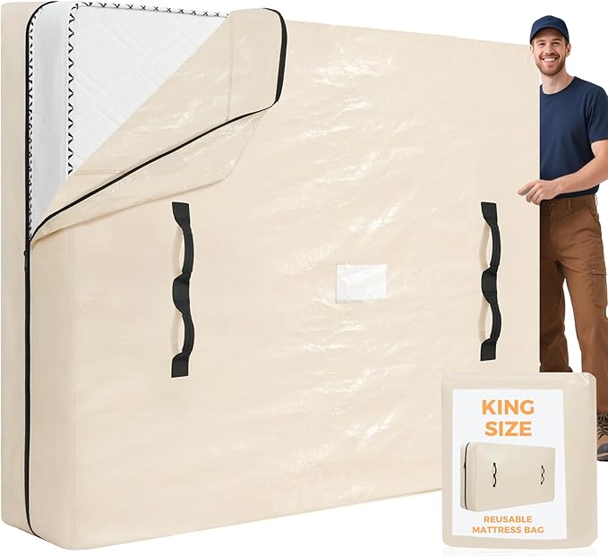 BAGAIL Mattress Bags for Moving, Mattress Covers with Heavy Duty Handles, Reusable Mattress Storage Bag for Moving Supplies(Beige, King)