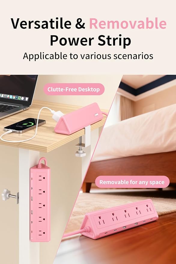 6.5 FT Desk Clamp Power Strip with 5 AC Outlets & 6 USB Ports PD 40W USB-C Fast Charging, Extension Cord with Multiple Outlets, Fits 2.1 in top Edge Pink