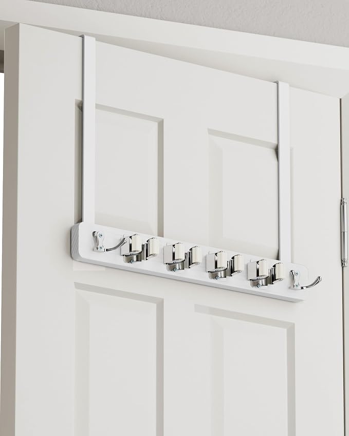 BS-VOG Over the Door Broom Holder, Mop and Broom Holder Door Mount, Hanging Organizer with 4 Racks & 2 Hooks, Wooden Hanger Storage Decor, Laundry Tool Organizer for Closet Garage, No Drills