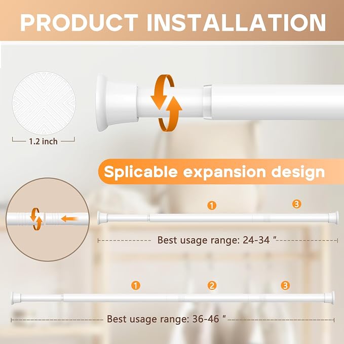 White Tension Curtain Rods for Windows 23 to 46 Inch, Expandable Adjustable Spring Curtain Rods No Drilling, Spring Loaded Curtain Rod for Doorway Kitchen Bedroom Closet