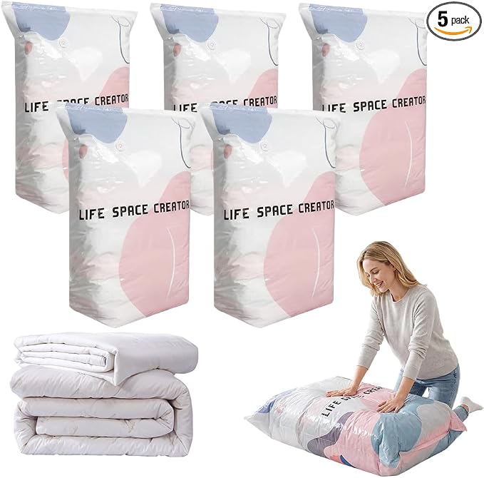 No-Pump Vacuum Storage Bags, Cube Compression Space Saver Bags, Upgrade Large Storage Compression Bags for Clothes, Comforters, Blankets (5, Large)