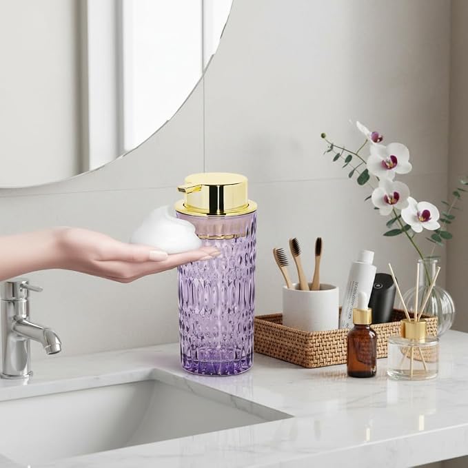 Foaming Soap Dispenser, Purple Glass Soap Dispenser, 14 Oz Refillable Foam Soap Dispenser Pump Bottle Container for Bathroom Kitchen Countertop Decor